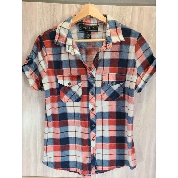 Polly Esther Plaid Shirt L – Red Blue Check, Short Sleeve Button-Up - Picture 1 of 6